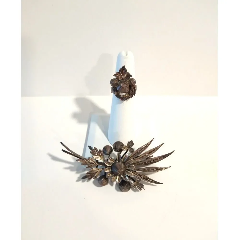 Victorian Antique Austrian Branch Brooch Ring Set Rose Cut Diamond Silver Leaf - Picture 7 of 16